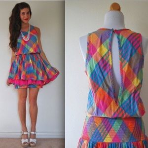 Vintage plaid smocked open back dress- med